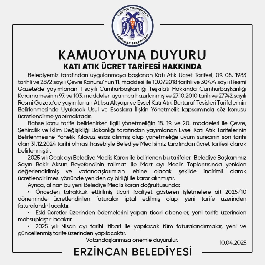 KAMUOYUNA DUYURU - KATI ATIK ÜCRET TARİFESİ HAKKINDA