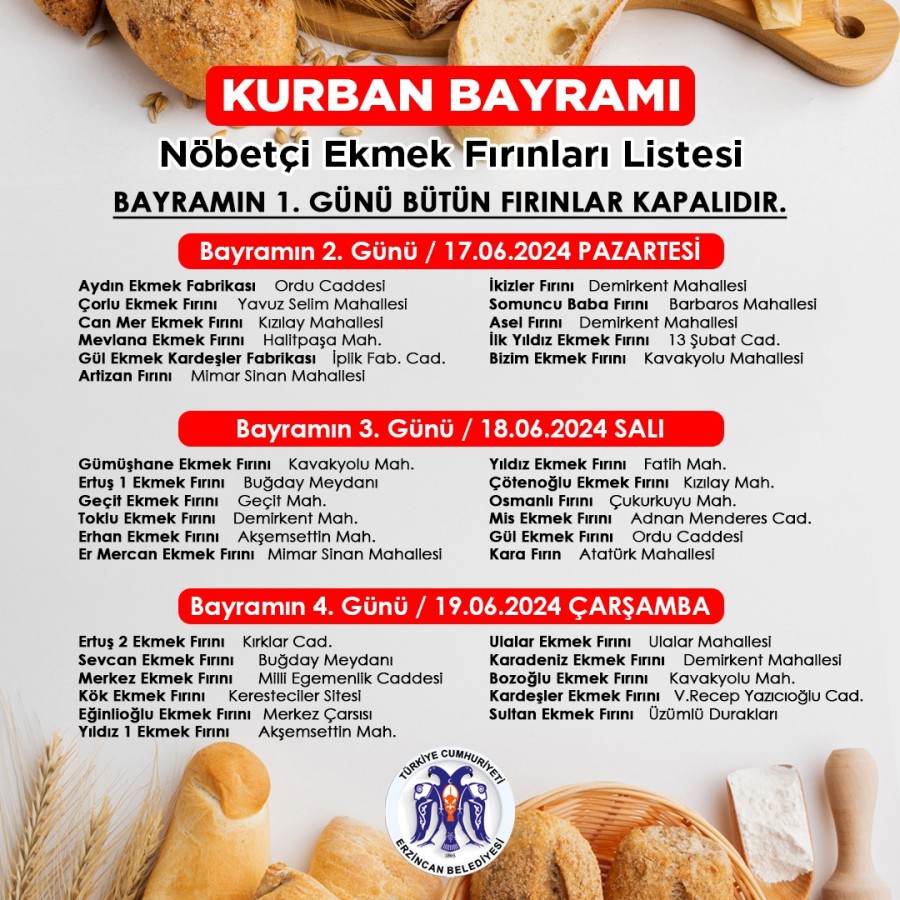 Kurban Bayramı Nöbetçi Ekmek Fırınları Listesi 2024