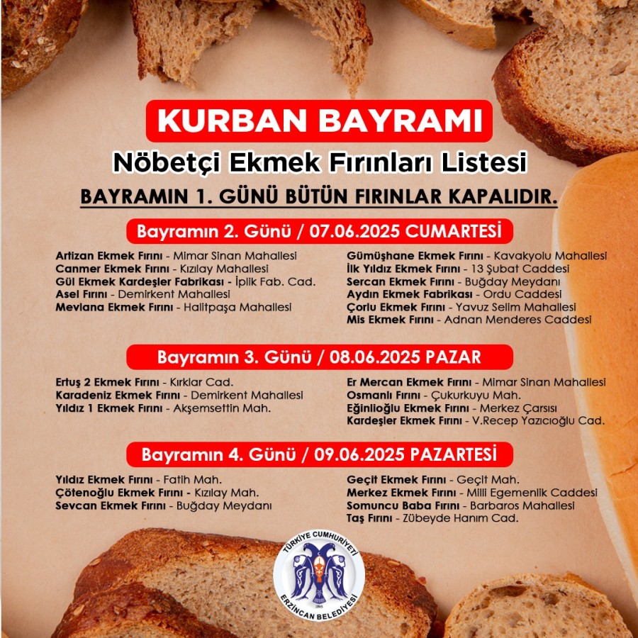 Kurban Bayramı Nöbetçi Ekmek Fırınları Listesi