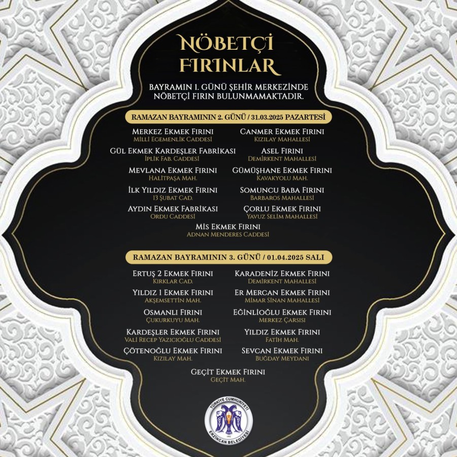RAMAZAN BAYRAMI NÖBETÇİ EKMEK FIRINLARI LİSTESİ